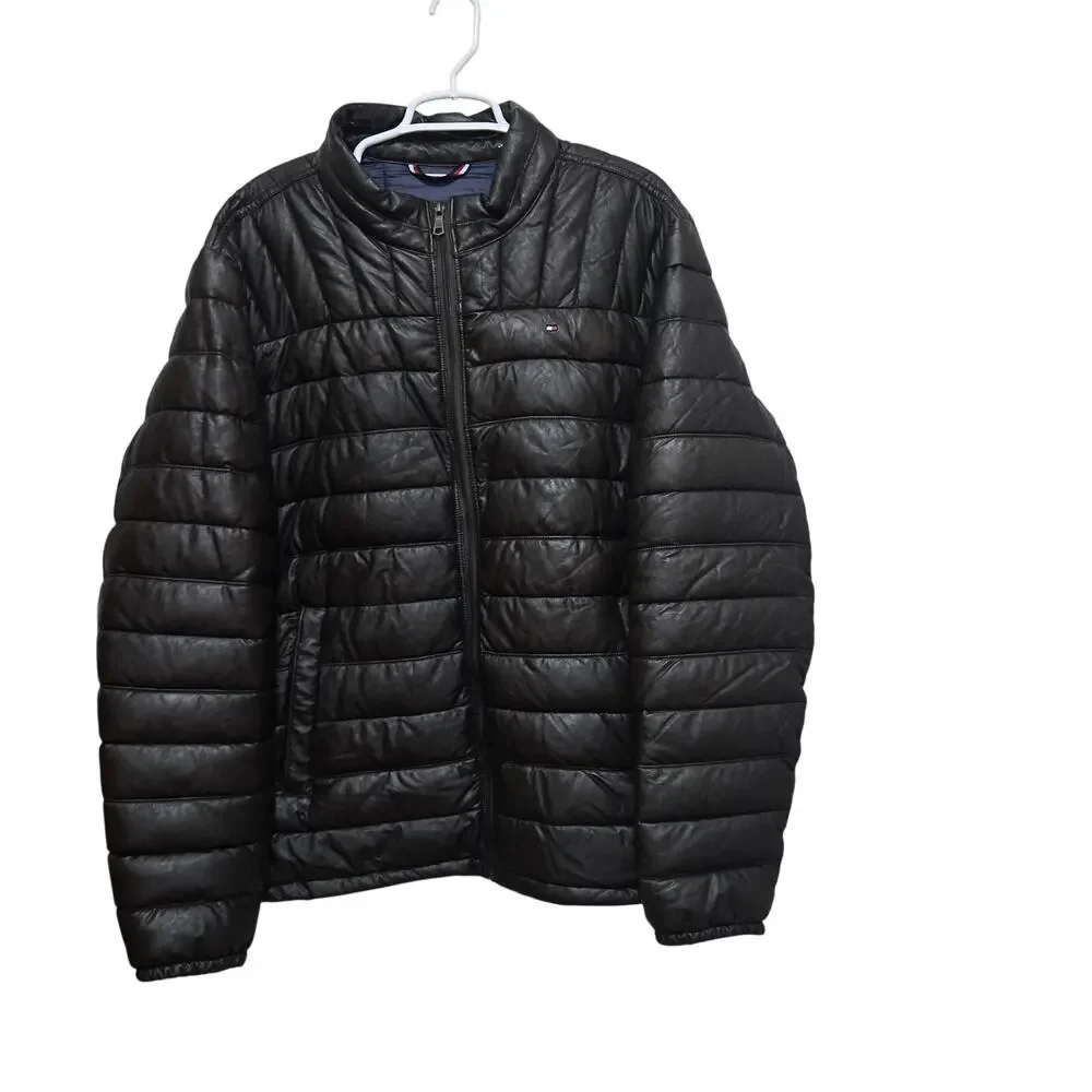 Tommy Hilfiger Mens XXL Brown Faux Leather Quilted Puffer Jacket